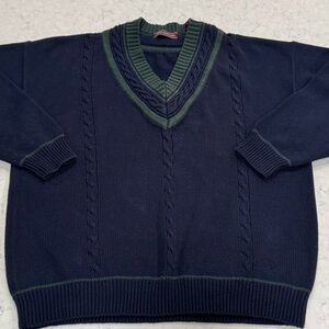 EUC John Ashford Men’s XL 100% Cotton Pullover V-neck Navy with Green Stripes